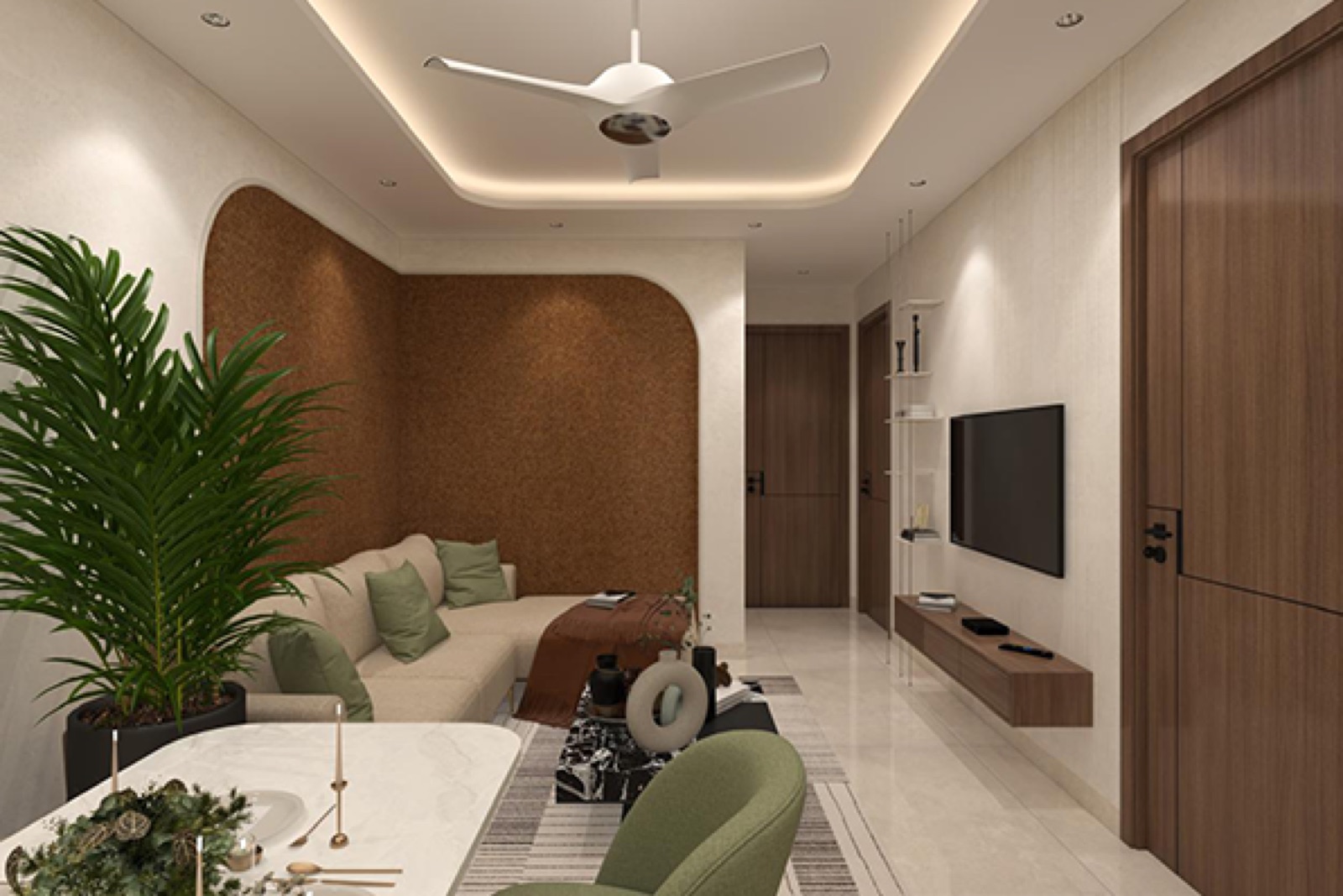 Living area with panelled media wall in a 3 BHK builder floor at Horizon Floors
