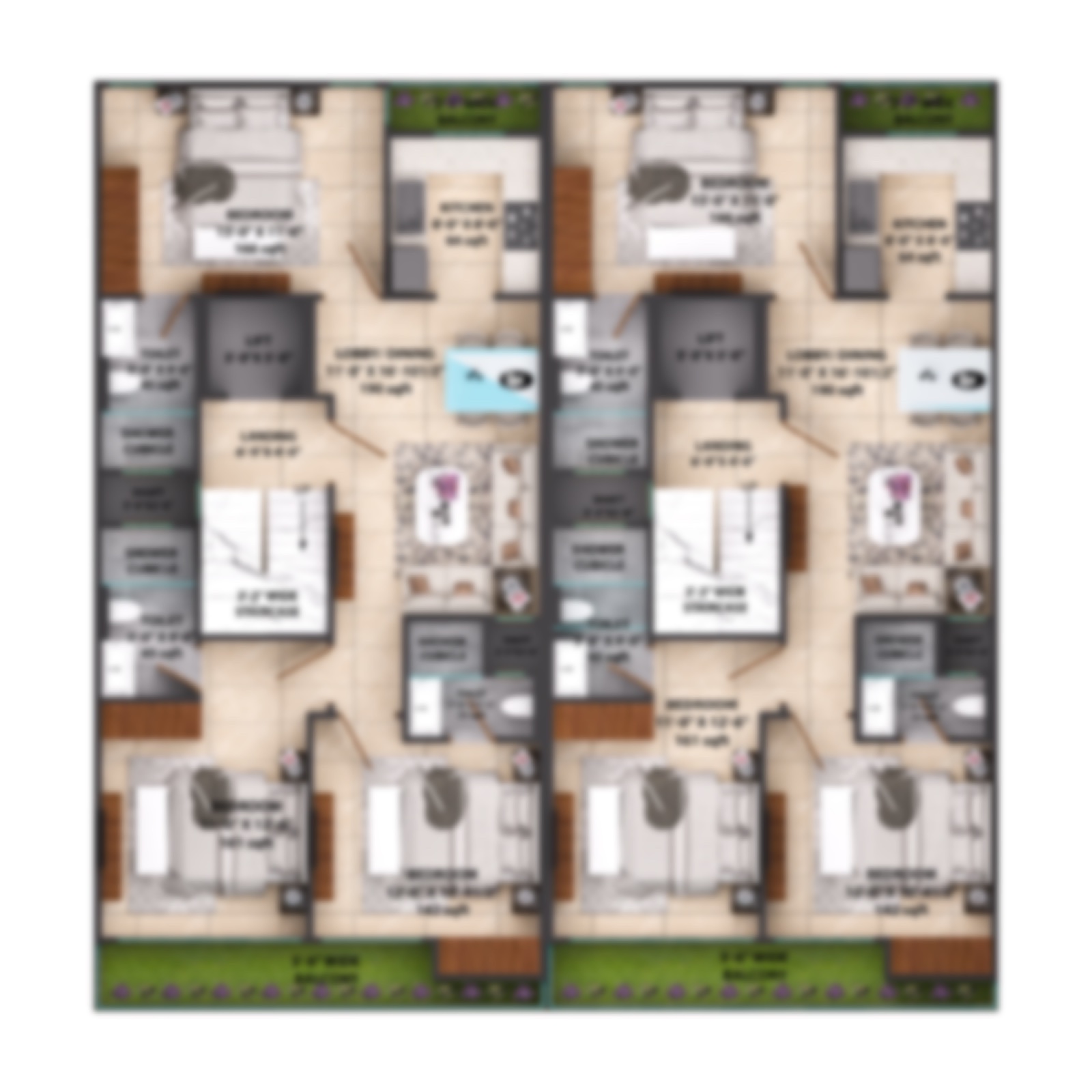 2 BHK builder floor plan at Horizon Floors Sector 93 Gurgaon showing living dining, two bedrooms, kitchen and balcony layout