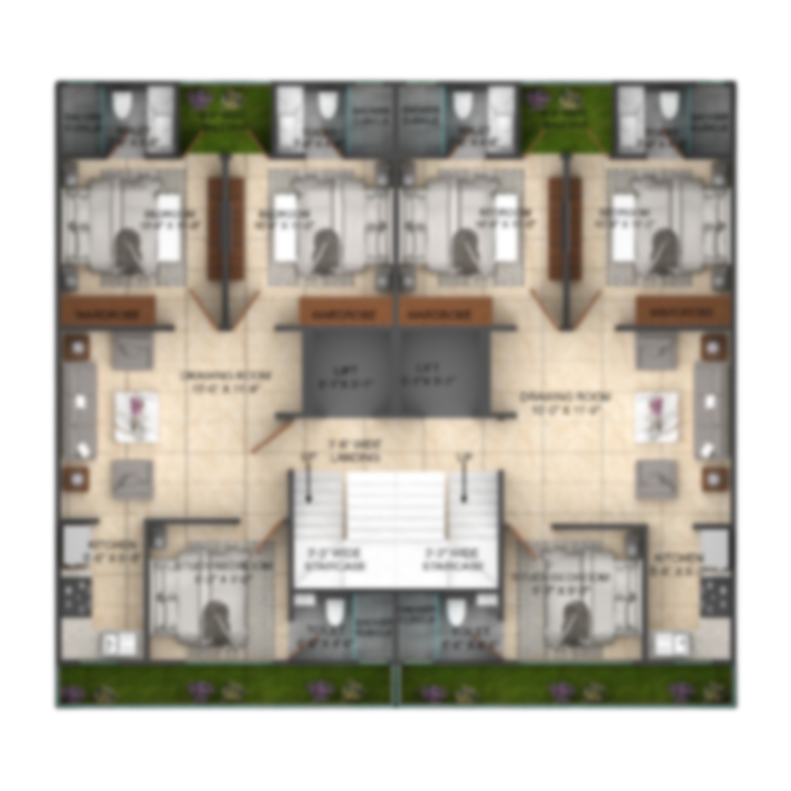 3 BHK builder floor plan at Horizon Floors Sector 93 Gurgaon showing three bedrooms, living dining, kitchen and two balconies
